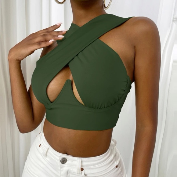 Shein Women Cross Wrap Crop Tank Top in Army Green - Picture 5 of 6